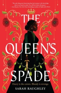 A young Black woman is standing in profile facing the right side of the book. Her hair is coiled in a bun at the back of her head. She is in a long dark formal dress. In her hand she holds a gold sword. Floating above her is a golden crown. In front and behind her are twisty golden vines with dark red flowers. There are green gems hanging on her skirt midway down.