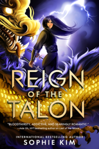 Illustrated cover for Reign of the Talon. A teenage girl stands with swords in each handle, angled downward. A long, gold dragon is partial curled around her. The girl is turned to the side, but she is looking straight at the viewer as a strong wind causes her long black hair to sweep ahead of her. She is wearing all black clothes with a wide belt around her waist and what might be vambraces on her forearms. Lightning strikes in the background, illuminating everything.