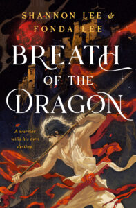 A young man dressed in white is holdign a spear angled down toward something below the book cover. In the sky above is a red moon and there are ribbons of red winding or flying around him. There is a sentence next to him, "A warrior wills his own destiny."
