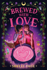 Two young women wearing aprons are standing behind a cauldron with a pink substance in it. One person is holding a stick in to stir and a heart shape is in the froth. A book is open and floating nearby. There is ivy around the sides of the book. The young people are staring into each others' eyes. It is night and there is a golden crescent at the top of the book. 