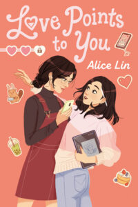 Two young dark haired women are standing in a partial embrace. The one on the left is in an overhaul dress and has her hair in a bun. She is wearing glasses and holding a phone with one hand and the other girl with the other hand. She's smiling. The other girl has a surprised expression and one hand is raised behind the other person. Her other hand is holding a tablet. She has a pencil behind her ear. There are a few images around them like a pudgy beaver holding a meat cleaver, a cup of boba tea, a heart and a few other things.