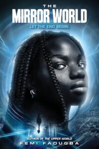 A young Black woman with long braids is staring out with lightning or electricity soming off of her head. She seems to have blue eyes that match the blue light around her. There is a shadowy person walking from the distance below her head in a different scene that is upside down. 