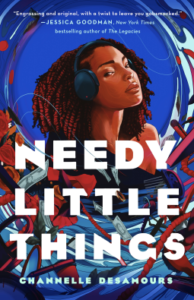 A young Black woman with dreadlocks is wearing over the ear black headphones. Paper money, keys, ribbons and a few other things are sort of floating around in front of her. The background is electric blue and many of the things floating around are red.