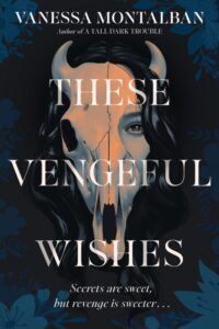 An animal skull is at the center of the book cover. On the right side of the skull, the hole for the eye is missing, but instead, there is a portion of a young woman's face. Her eye stares out and there is dark hair coing out over the top. A tag line says secrets are sweet, but revenge is sweeter....