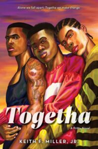 Three young Black men are standing in a row from left to right with their arms wrapped at the waist. Their bodies are facing to the left and they have their faces turned toward the front. The first has short hair and is wearing a black tank top that allows many tattoos to be seen on his left arm. The next also has short hair an dis wearing a red and white sweater. The last one has light brown eyes and slightly longer hair that is in cornrows. His sweater has yellow and black stripes. The back two are leaning their heads on the person in front of them. 