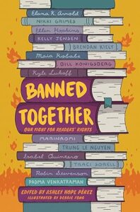 The illustrated cover features a stack of books from the bottom to the top. They are all either blue or purple spines showing the title on the two in the center and contributers' names on each of the rest of the spines. The background is yellow with orange flames burning at the bottom and on edges of some books.