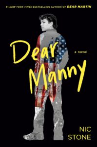 Book cover featuring a young man looking over his shoulder. He is a cropped outline that seems like it's from a black and white photo. His clothing looks like collage that is partly the United States flag. The back ground is completely black with the title written in a bright yellow font.