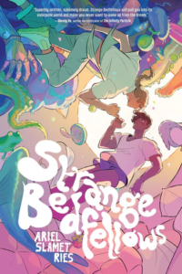 Illustrated cover for Strange Bedfellows. Two teenagers boys float nearly horizontal a chaotic room, their heads close together, and they look like they may be pinky-promising. One looks like he is dressed for sleep while the other is dressed for a casual day out. The room is filled with other floating objects, like frogs, mushrooms, stuffed animals, a tentacle, a metal hand, and more.