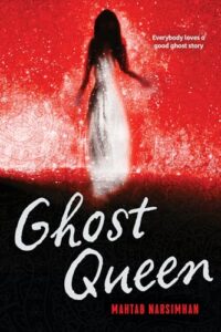 It seems like a watercolor or painted book cover. The ghost of a young woman is floating above the dark ground. The background is red with a flower pattern under the color. The young woman is wearing a long white dress and has long dark hair. Her back is to the reader.