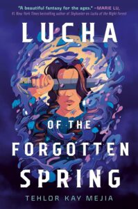 Illustrated cover with what looks like swirling water and tiny fish with an opening in the center. In the opening there is a face that has eyes blocked by a horizontal sword. 
