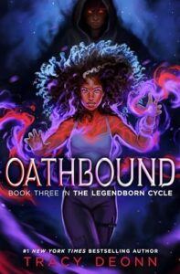 Illustrated cover featuring a young Black woman. Her hair is long and seems to be standing out from her head with the breeze. Her hands are lifted like she is making magic happen. There are purple and red glowing swirls around her and there are glowing red veins on her skin. She has a knife strapped to one leg. Ther is a being above and behind her that has a cloak on and their eyes are glowing red. Their face is in the dark.