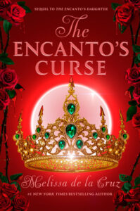 The book cover has a gold crown with golden pearls and emeralds. There are some tips that look like arrowheads with blood dripping down. There is a full moon shining behind it. There are red roses on the right and left sides. There is blood dripping from some of the petals and some of the leaves.