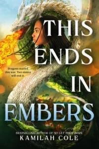 Cover of book with a silver dragon swirling around a young brown skinned woman. Her hair is in many thin braids that are swaying a bit in the breeze. The dragon is breathing fire, but the young woman simply stares out in front calmly. Another slightly smaller green dragon is at the bottom and through the curve of its body a village with houses and palm trees may be seen.
