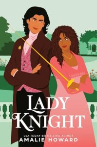 Young man and woman are standing with their arms crossed and shoulders touching. She has a sword in hand that is titled back toward him. They are wearing formal clothing. He has a dark suit with a fushia vest. She has a long dress that is peachy with a darker long sleeved shrug type of thing on the top. He has slightly lighter brown skin than she. His hair is darker and hers is a dark brown with some curl and it is just past her shoulders. They may be on a balcony and there is a lot of green behind them.