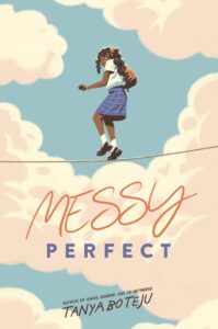 A young Black girl is walking across a tightrope with blue sky and clouds behind her. She is wearing a school uniform - white short sleeve shirt, plaid skirt, black shoes. 