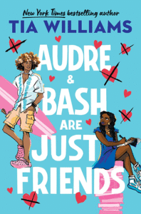 Cover image for Audre and Bash are Just Friends. A young brown skinned man with pink crocs, cargo shorts, a barely buttoned shirt, a white choker necklace is carrying a pink surfboard and looking at a young Black woman sitting on a pile of pink books. She has long dark hair and is wearing a dark blue dress white necklace and earrings and white high tops. She is writing in a notebook on her lap and is looking at the guy.