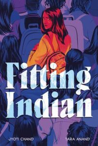 The cover of Fitting Indian is showing a group of young people wearing backpacks and is mostly purple tones. One person is looking back over her shoulder at the viewer and she is in orange and red tones. 
