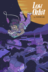 Cover of Low Orbit. A young person with longish brown hair, brown skin and glasses is floating above a floating city while reading a book. There is a phone floating above their head attached by a cord. There is a huge planet up in the sky.
