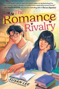 The cover of The Romance Rivalry features a young man and young woman sitting near enough at a table in the library that their fingers are just touching at the edge of an open book. They are both facing forward, but they are looking at each other from the corner of their eyes. They seem to be in a library.