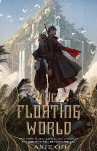 Cover of The Floating World has two young people standing back to back and holding hands. They are outside with plants around their feet and a floating piece of land behind and above them that has many buildings and water flowing down from it. There are many white birds flying in the sky. The person on the left is wearing knicker style pants and has a white mask tied at their waist. They have short hair and their face is tilted up. The person on the right also has short hair and seems to be carrying a staff on their back. They have a red scarf blowing in the breese and they are wearing a cloak and long pants.