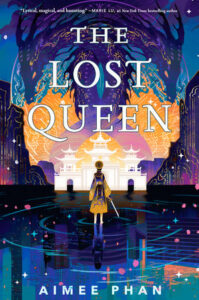 Cover of the book The Lost Queen. A person is holding a sword angled down at the side and standing faicing a white building with two large dragons twined above it.