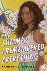 The book cover for The Summer I Remembered Everything has a young light skinned woman with wavy hair just past her shoulders. She has a slight smile. There is a large pearl ring on the right side of the cover and there is a blue shoe over on the left side.