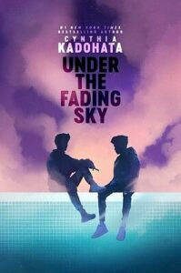 Cover of under the fading sky. Two young people seem to be sitting on top of a fence or ledge. There is a pink and purple sky behind them and they are kind of in shadow profiles. There is some smoke around them. The ledge is white but beneath that is turqouise tile. 