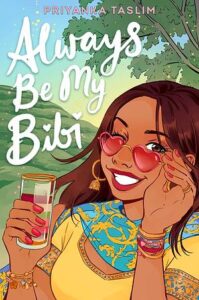 The book cover of always be my bibi has a young brown skinned brown haired girl smiling and tipping down her rose colored heart shaped glasses.