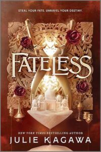 Cover of book Fateless. There is a tapestry type of thing in the background. In the front is a small grouping of buildings with onion domes. The tapestry and buildings are all white. There are stacks of what looks like gold coins on either side and small gold decorative items. There are four red roses. 