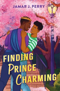 Book cover of finding prince charming features to young men embracing. The one on the left is Black with short hair and is wearing a sash and gold crown. The other person is has slightly lighter skin and slightly longer hair. They are smiling and there are blooming trees behind them. 