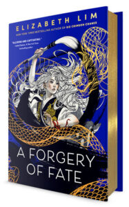 A young woman is in the center of the book cover. She has long flowing white hair and has a a see through golden dragon swirling around her. 