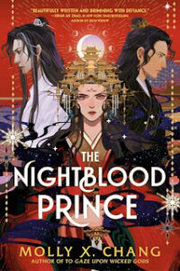 The cover of the book The nightblood prince has three characters on it. The background is red and many details are gold. The central figure is holding a sword downward and has a headdress that is made with golden pagoda type buildings and has beads dangling below. The two figures on either side just behind that one's shoulders are staring to the side. The one on the left is wearing white and the one on the right is wearing black. They all have long black hair and fair skin.