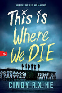 The book cover for This is Where We Die shows a somewhat dark and foreboding sky with six figures standing on a pier in silhouette. The dots for the lower case letter i in the first two words of the title are exes.