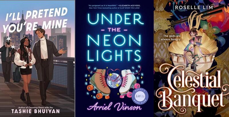 Collage of the book covers for I'LL PRETEND YOU'RE MINE, UNDER THE NEON LIGHTS, and CELESTIAL BANQUET. All covers are described in more detail in the post.