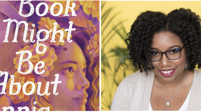 On the left, the book cover of This Book Might Be About Zinnia. On the right a photo of the author. She is a Black woman with shoulder length hair. She is wearing glasses and is smiling.