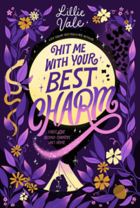Book cover of Hit me with your best charm. The cover is dark with lots of purple foliage around the edges. There is a huge moon behind the title and a small tent below. The shadows of two people may be seen through the tent. One with short hair is leaning their head on the shoulder of the person with long wavy hair. In the foliage are some white, pink, and orange flowers. There is also a snake making its way up the left side of the leaves. There is also an acorn down in the bottom right corner. 