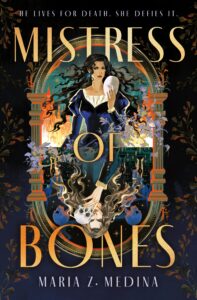 Illustrated cover for Mistress of Bones. A teenage girl is taking a plain white mask off to reveal her enigmatic expression. Her long brown curly hair is fanned out behind her, and she is wearing a long-sleeved, dark blue and black dress. Beneath her, in close to a mirror image, is another figure, this time with a skull obscuring his face. His blonde hair fans out behind him, and he appears to be wearing a long-sleeved black jacket. 