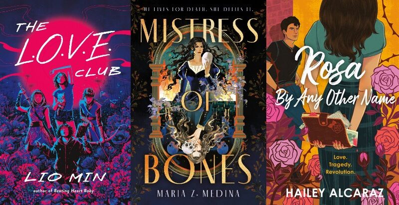 A collage of the book covers for THE L.O.V.E. CLUB, MISTRESS OF BONES, and ROSA BY ANY OTHER NAME.