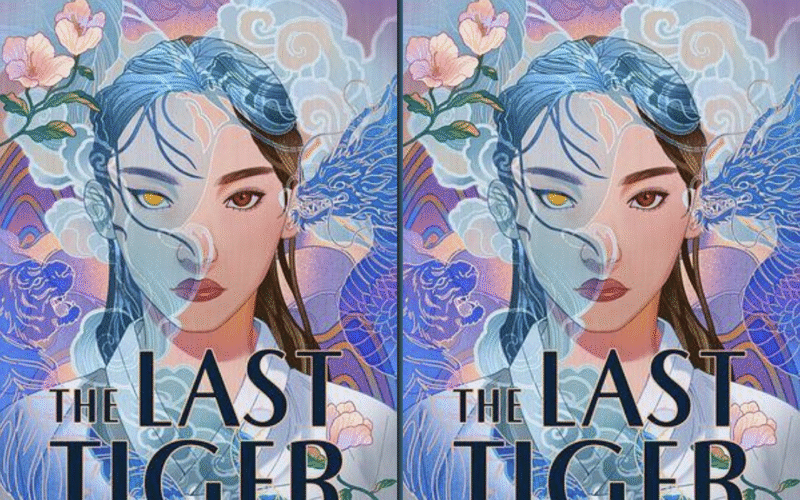 There are two images side by side of the cover of The Last Tiger. In both a young Korean woman with long dark brown hair is centered. She has a golden eye on the left and a brown eye on the right. There is a blue somewhat translucent dragon to the right of her. To the left is a blue tiger. She is wearing a white hanbok. There are swirling clouds and flowers around her. She is staring straight ahead with focus.