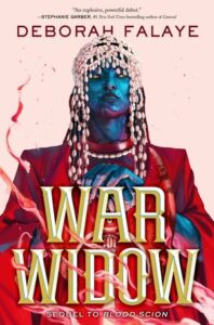 Illustrated cover for War Widow. A young Black woman poses with both hands placed on top of a sword's pommel while the sword is pointing down in front of her. She is wearing what looks like a deep red dress with 3/4 sleeves and a necklace and headpiece made of cowrie shells. Flames lick up from the bottom of the cover, not quite encircling her.