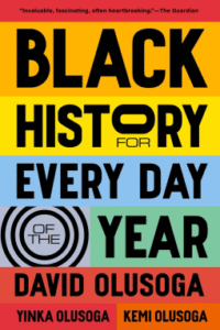 The cover of the book Black history every day of the year has horizontal stripes of color with the words of the title in bold black capital letters across the stripes.