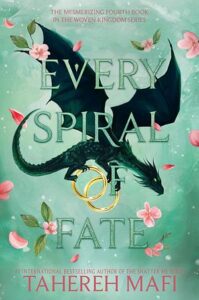 The cover of Every Spiral of Fate has a light green background. There is a large dark dragon angled down. It is holding two gold rings in its claws. There are pink flowers all around.