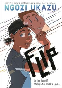 A young black woman is looking over her shoulder. She has a mask that she is lifting from her face. The mask is a white young man with short hair.