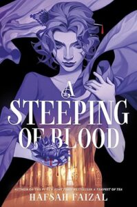Cover of the book A steeping of blood. A young woman is holding a flower that is dripping blood. The top portion of the young woman is purple monochrome and the bottom part of her form is golden and is the inside of a room with lamps glowing and very tall windows. She also has a large hairpin through her hair and instead of the monochrome, there is a red drop of blood on the pointy end.