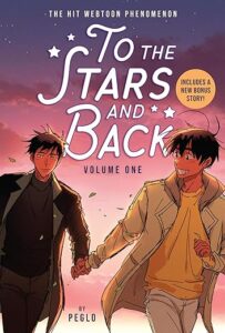 Book cover of to the stars and back. There are two young men holding hands and walking quickly or running. They both have light brown skin and short dark hair. The one on the left is wearing dark clothing and a dark coat. The one on the right is wearing light colored clothing and a cream colored coat. The sky behind them is pink at the bottom fading into purple at the top.