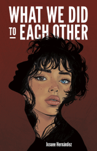 The book cover of What We Did to Each Other has a dark brown background. There is a black silhouette of someone looking up to the left side of the book. Within the silhouette is a face in color looking out at the reader. She has a brown eye and a blue eye and has full lips. She is not smiling and her lips are slightly parted. She has very dark hair that is slightly curly.