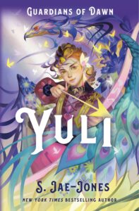 Illustrated cover of Yuli. The colors are all pastel. There is a dragon or birdlike creature swirling around a young person sho is holding a pink bow and golden arrow as if they are ready to shoot. The person has a slight smile. There are golden butterflies flying about the face of that person.