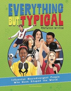 Book cover for Everything but typical. There is a circle with six different people. One is kicking a soccer ball, several are holding microphones. One has on boxing gloves and another is standing behind two microphones.