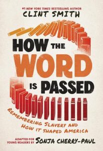 Cover of the book How the Word is Passed. Above the title is a row of books starting to tip over like dominoes. Below the title is another row that has not started to tip yet.