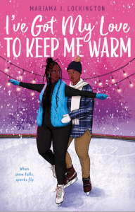 A Black couple is ice skating. The one in the front is wearing a blue vest and her hair in braids. The person behind has her hands on the other's hips and is wearing a plaid shirt, scarf and a beanie with no hair visible.